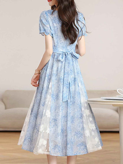 penny Elegant Square Neck Jacquard Waisted Dress