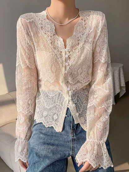 martha Slim V-Neck Hollowed Lace Top