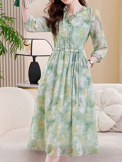 martha Vacation Auricular Collar Jacquard Drawstring Dress