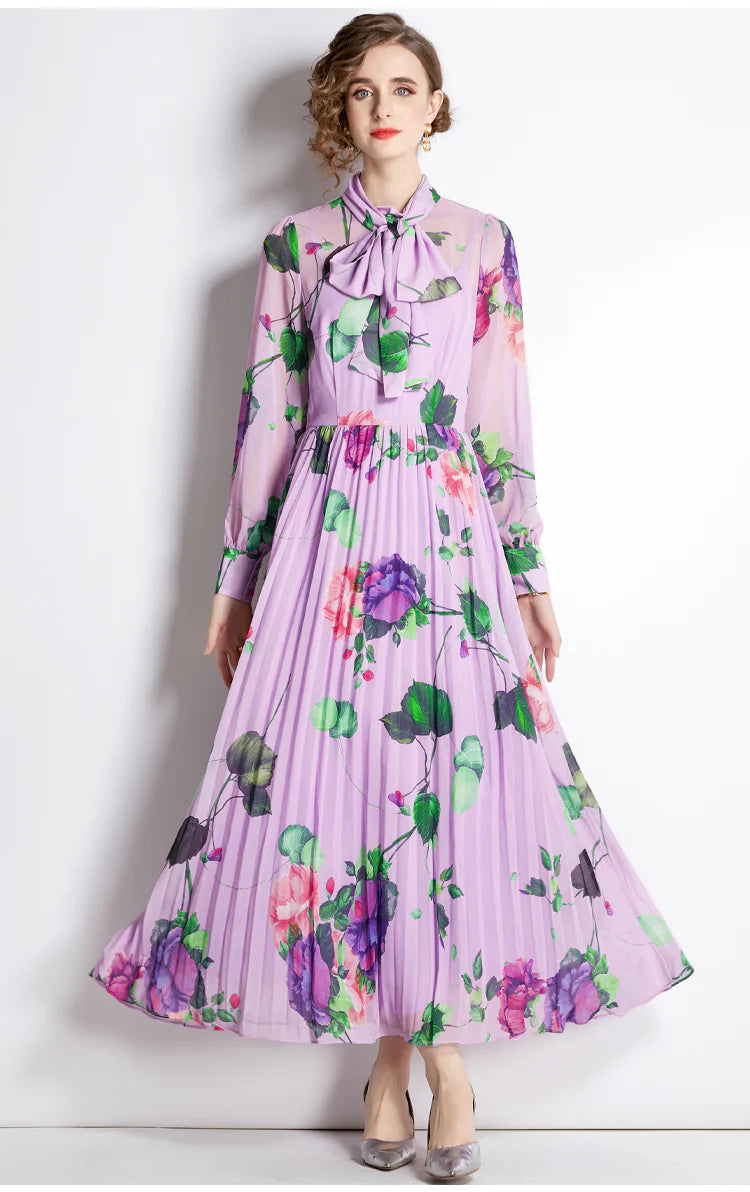 Purple floral print long-sleeved pleated maxi dress