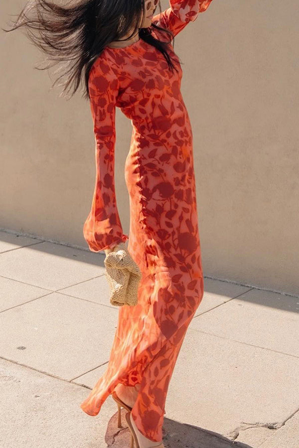 red Print Boat Neck Long Bell Sleeve Bias Cut Maxi Dress