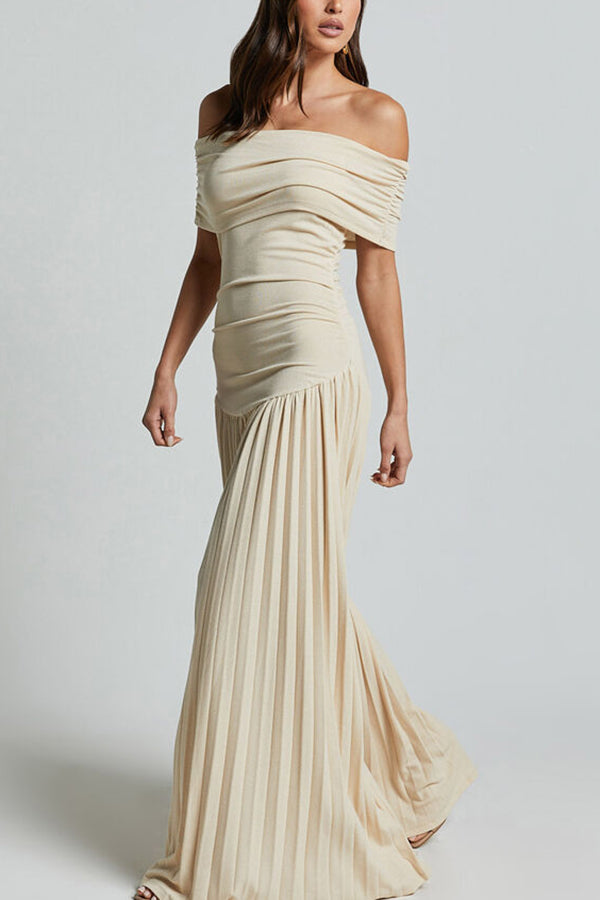 white Off-shoulder Slim Fit Pleated Maxi Dress