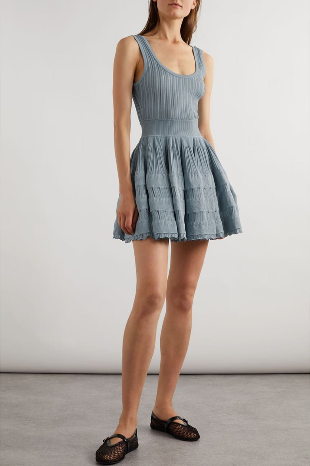 ribbed pointelle knit mini dress in blue