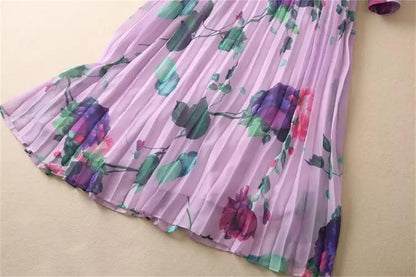 Purple floral print long-sleeved pleated maxi dress