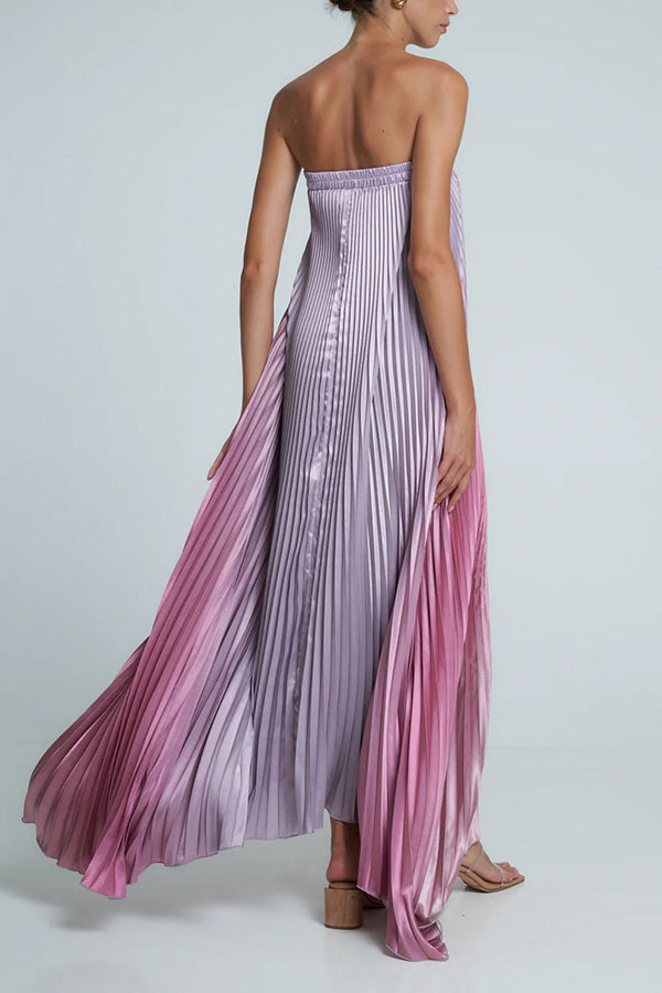 Satin Pleated Elastic Bust Strapless A-line Gown Maxi Dress