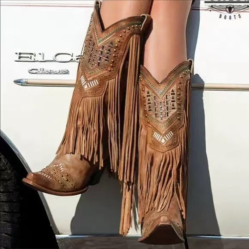 Genuine Leather Detailed Fringe Cowgirl Boots