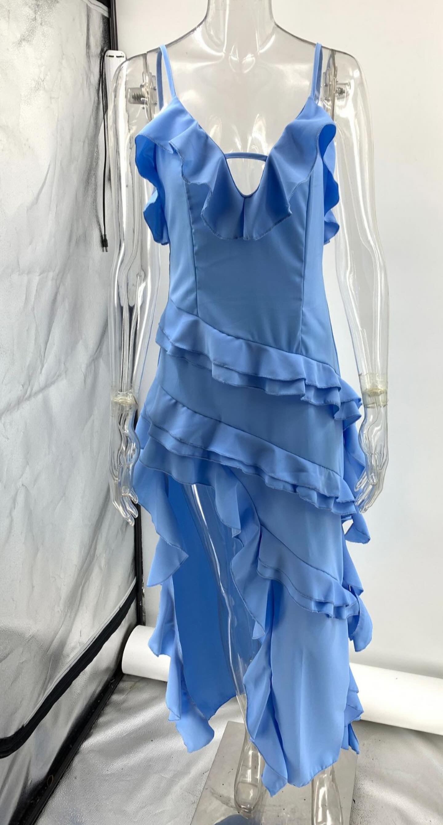 RUFFLE CUT OUT ASYMMETRIC MAXI DRESS - Blue