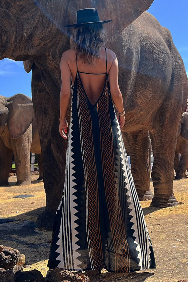 helen Ethnic Print Backless A-line Maxi Dress