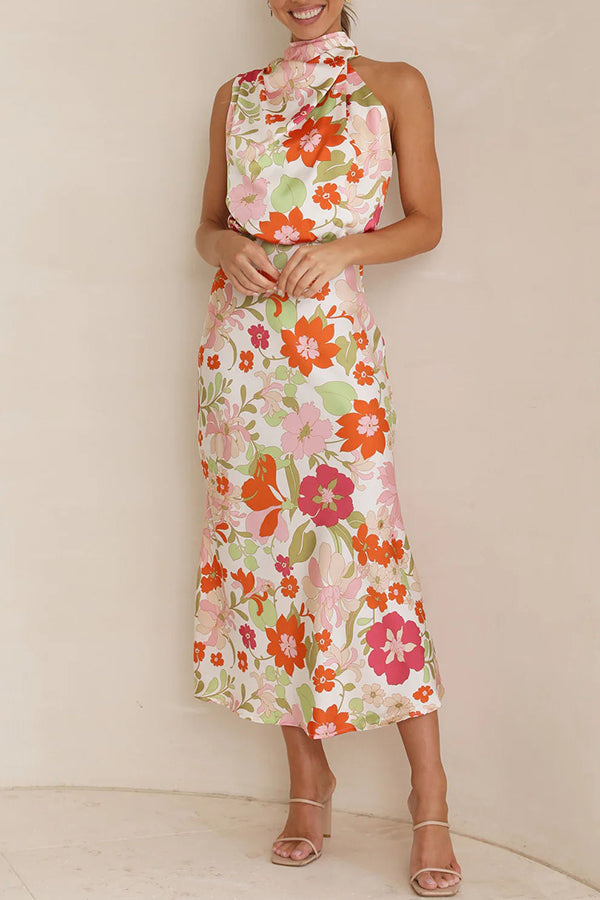julia Floral Halter Neck Elastic Waist Maxi Dress