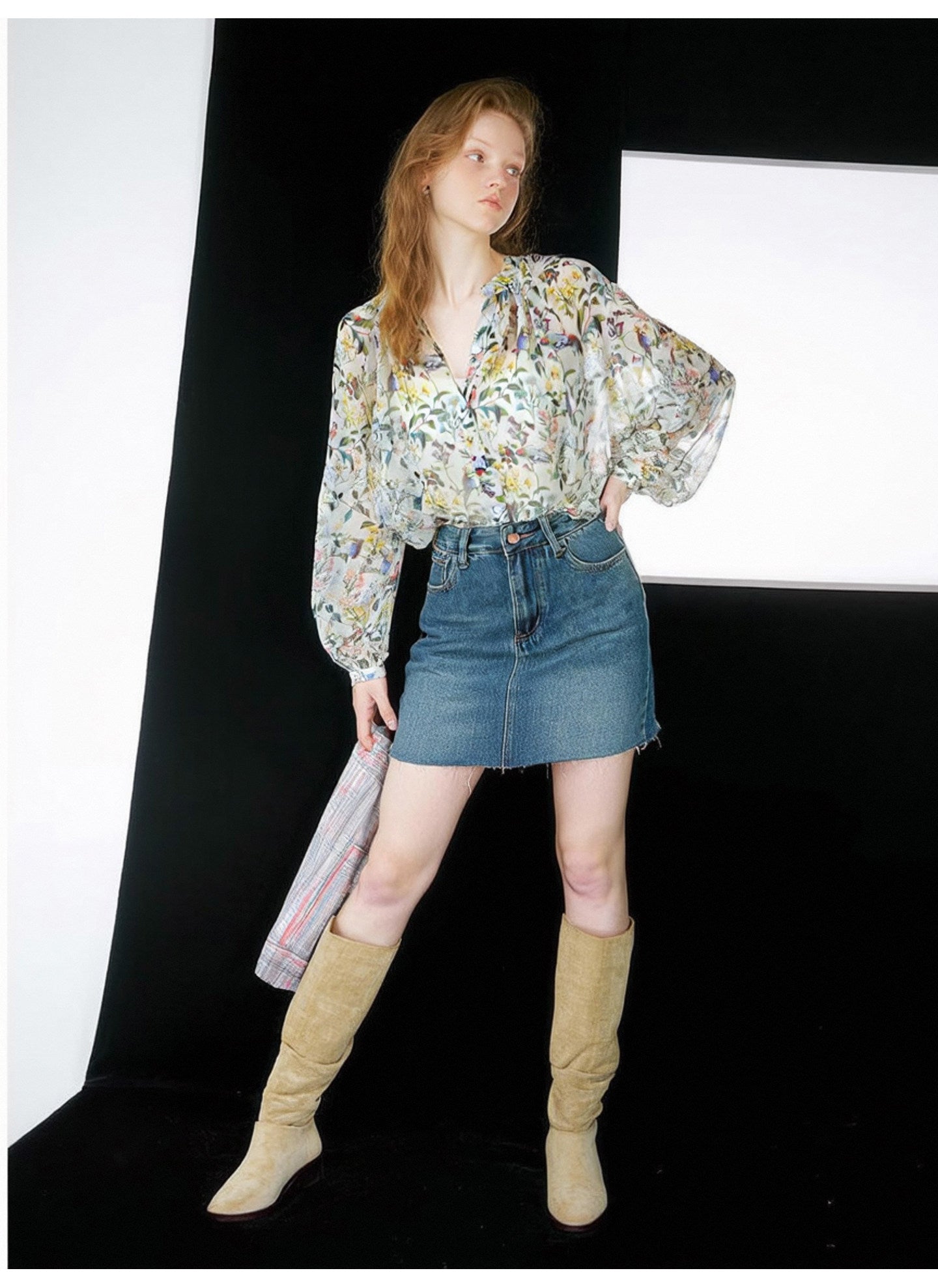 French-style chiffon floral print blouse with drape