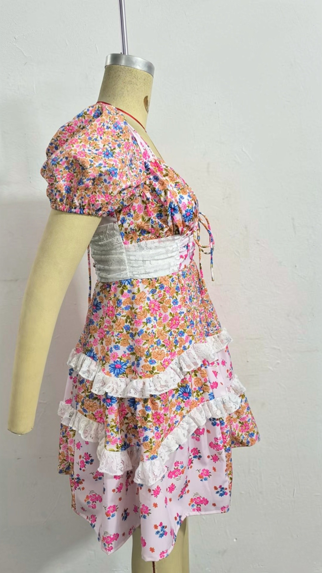 Floral lace patchwork deep V-neck puff sleeves mini dress