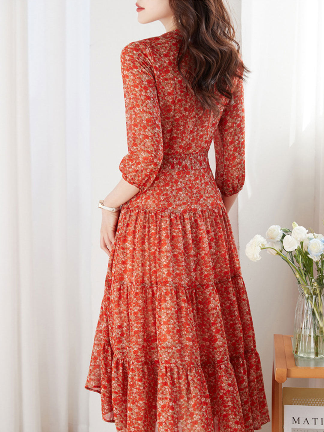 lyuba Vintage Ruffle Floral Chiffon Maxi Dress