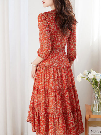 lyuba Vintage Ruffle Floral Chiffon Maxi Dress