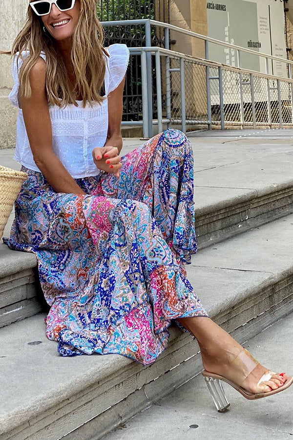 madeline Bohemian Print Elastic Waist Tassel Maxi Skirt