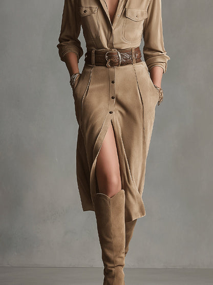 Women's Brown Fashion Suede Midi Dress