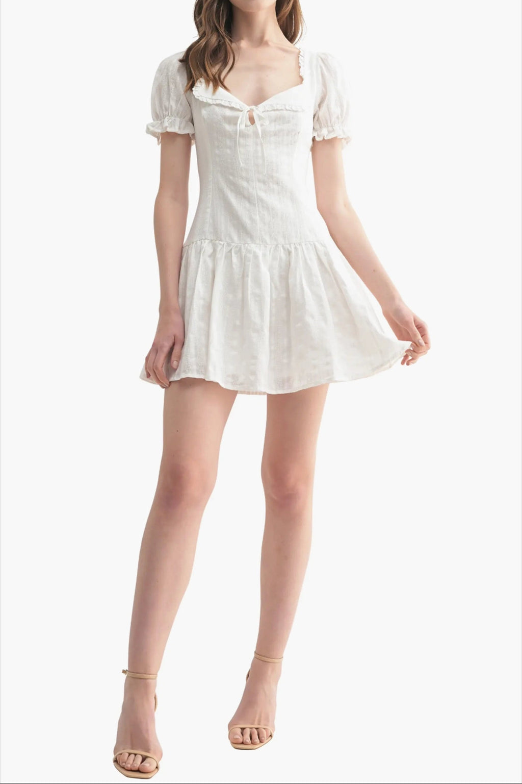 white embroidery puff sleeve waist mini dress