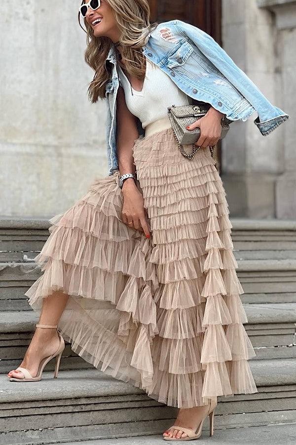Queen Tiered Elastic Waist Tulle Maxi Skirt