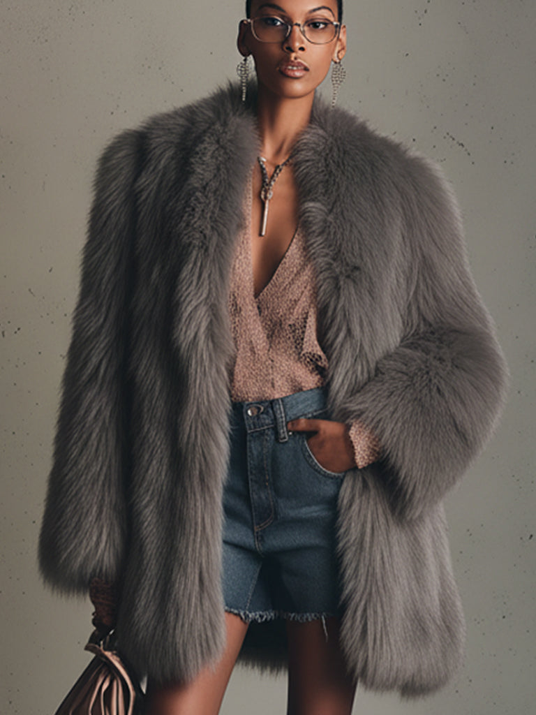 Gray Faux Fox Fur Eco Friendly Long Sleeve Jacket