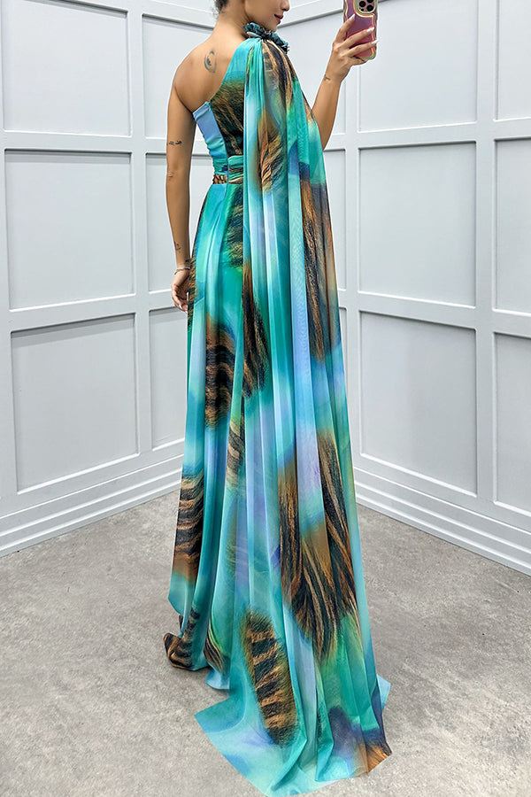 Print Floral Detail One Shoulder Draped Sleeve Gown Maxi Dress