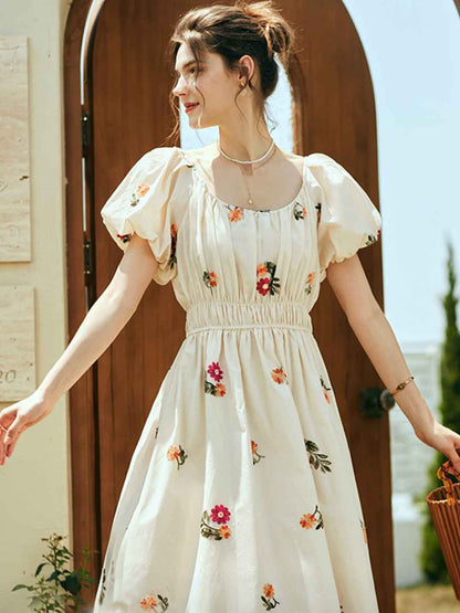 rosalind Retro Embroidered Puff Sleeve Dress