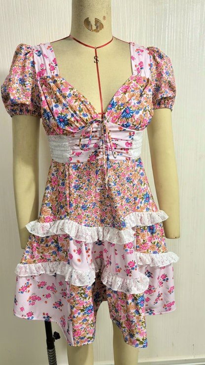 Floral lace patchwork deep V-neck puff sleeves mini dress