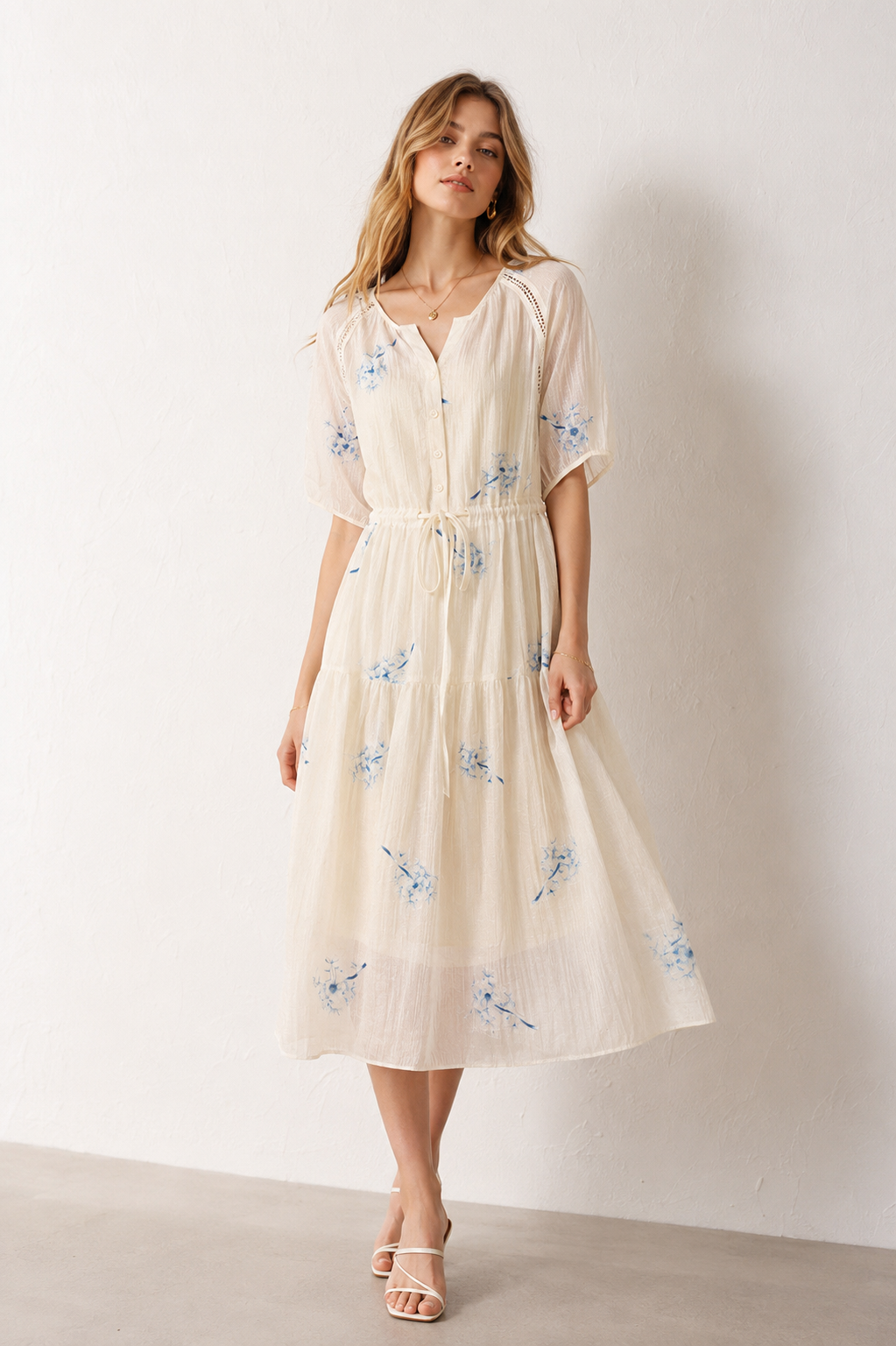 nora Waisted V-Neck Embroidered Dress