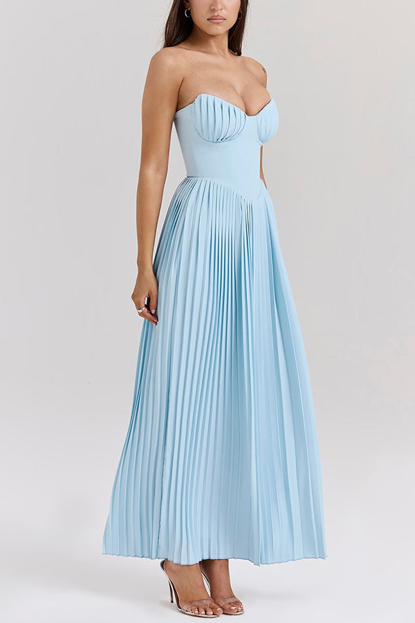 blue Pleated Strapless Maxi Dress