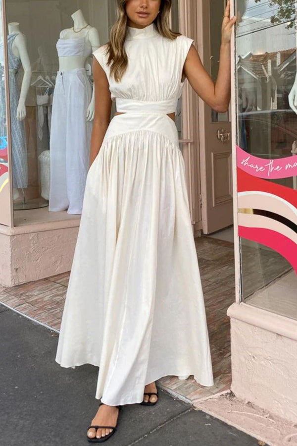 Cotton Blend Cutout Elastic Waist Pocketed Maxi Dress