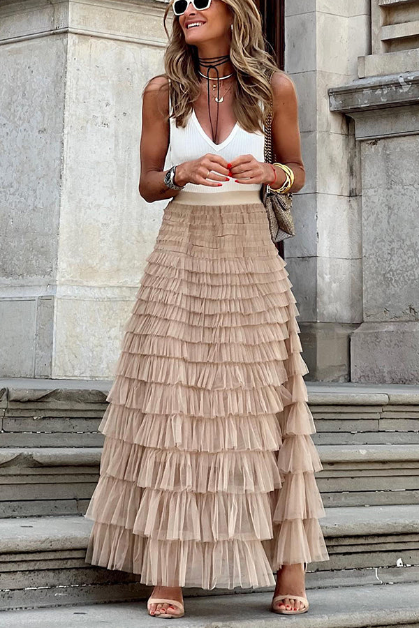 Queen Tiered Elastic Waist Tulle Maxi Skirt