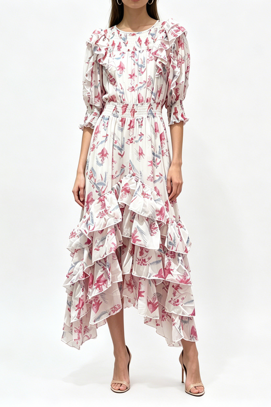 pink ruffled elastic midi dress