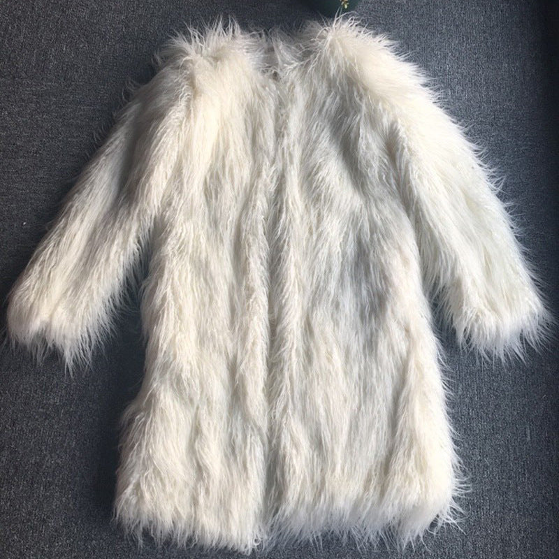 long imitation fur leather coat