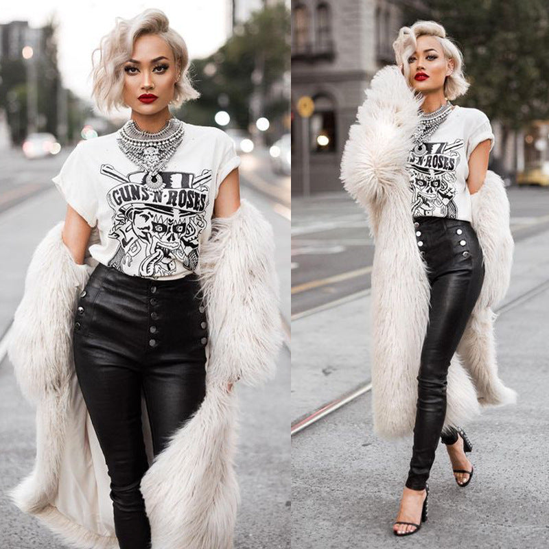 long imitation fur leather coat
