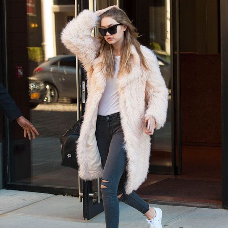 long imitation fur leather coat