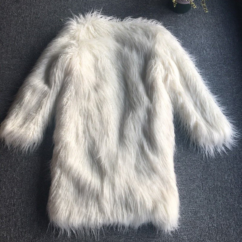 long imitation fur leather coat