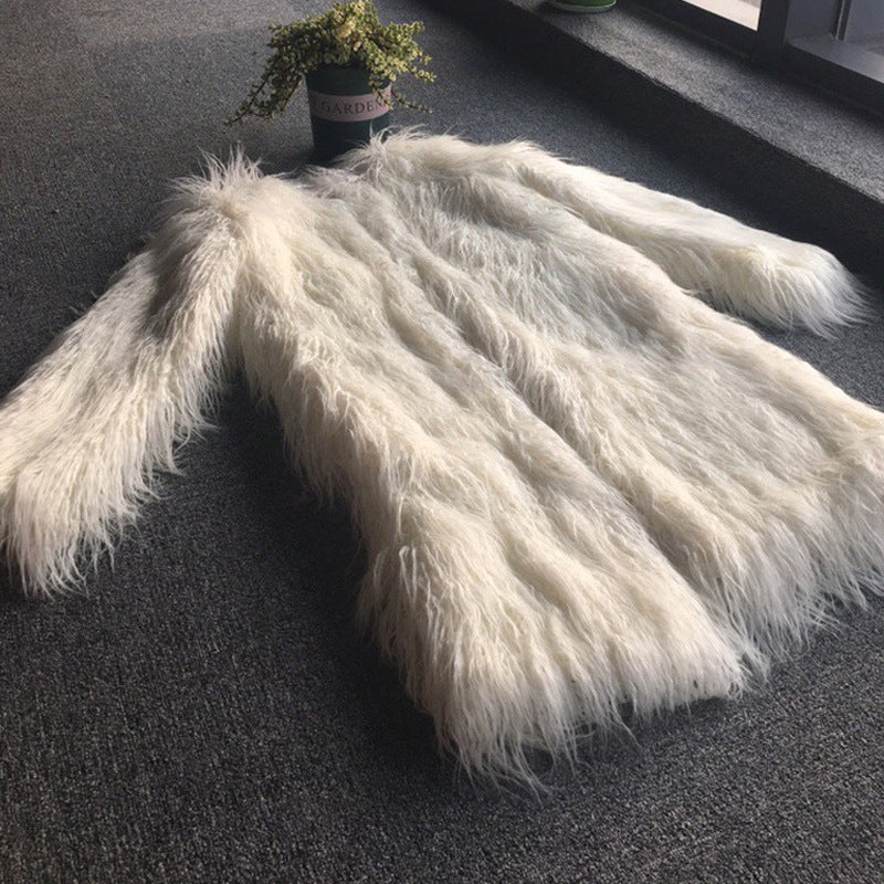 long imitation fur leather coat