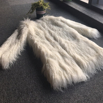 long imitation fur leather coat