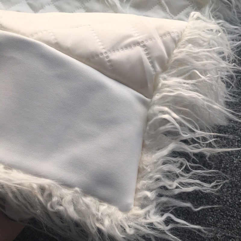 long imitation fur leather coat