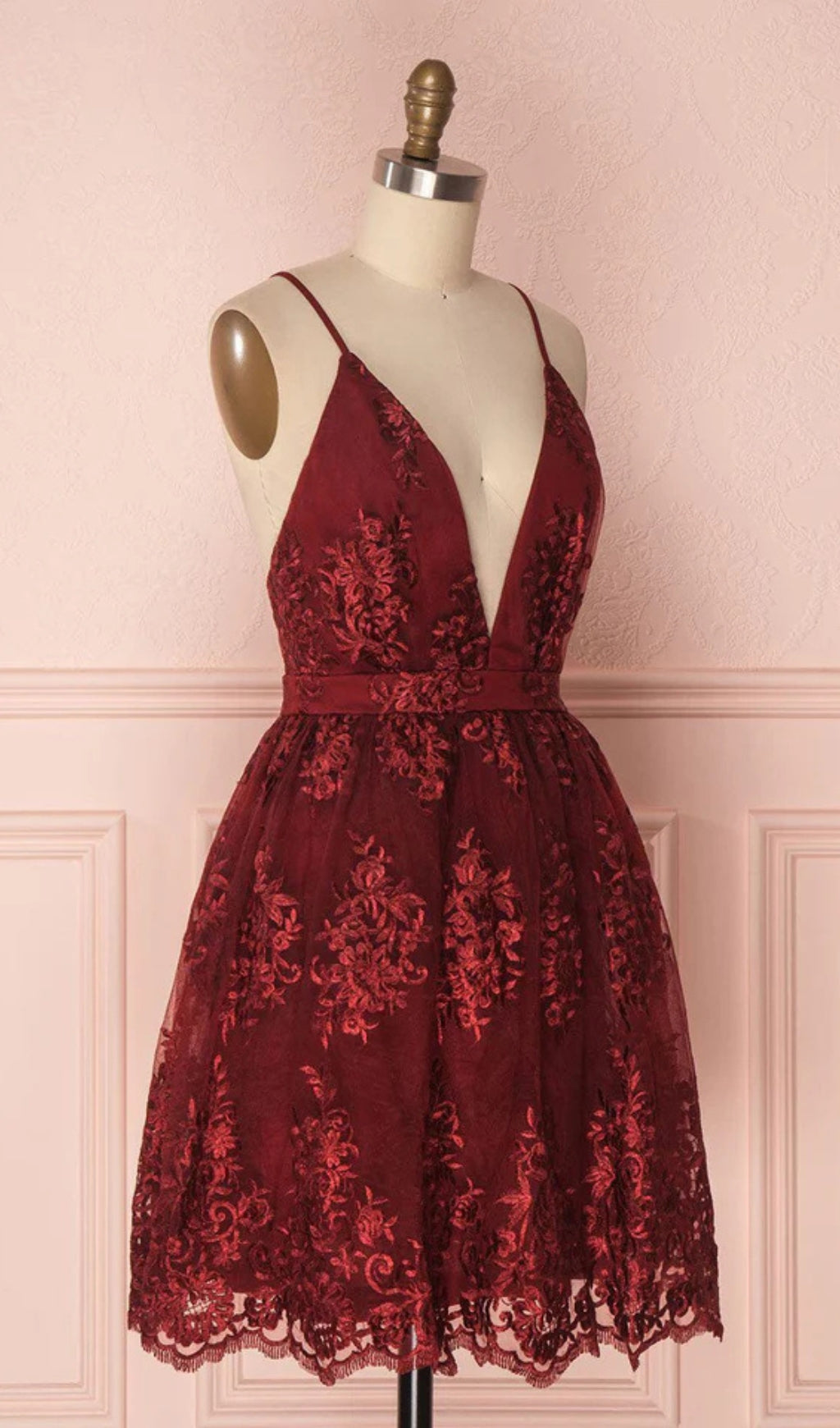 Burgundy Prom Dress - V-Neck Tulle Lace Short Party Dress