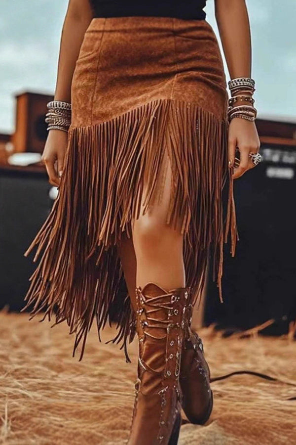 Retro High-waisted Casual Tassel Midi Skirt