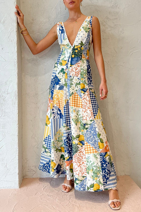 Paradise Linen Blend Patchwork Print Pocketed Maxi Dress