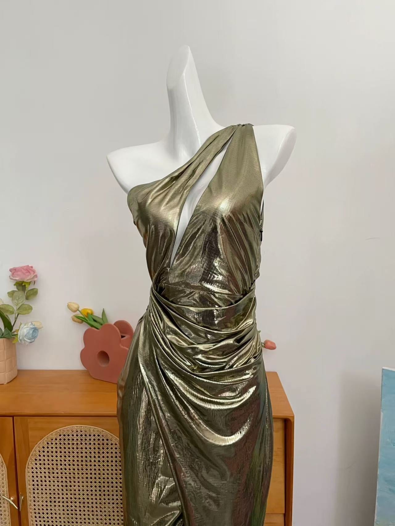 Gold Metallic Maxi Dress High Slit Gown