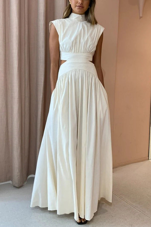 Cotton Blend Cutout Elastic Waist Pocketed Maxi Dress