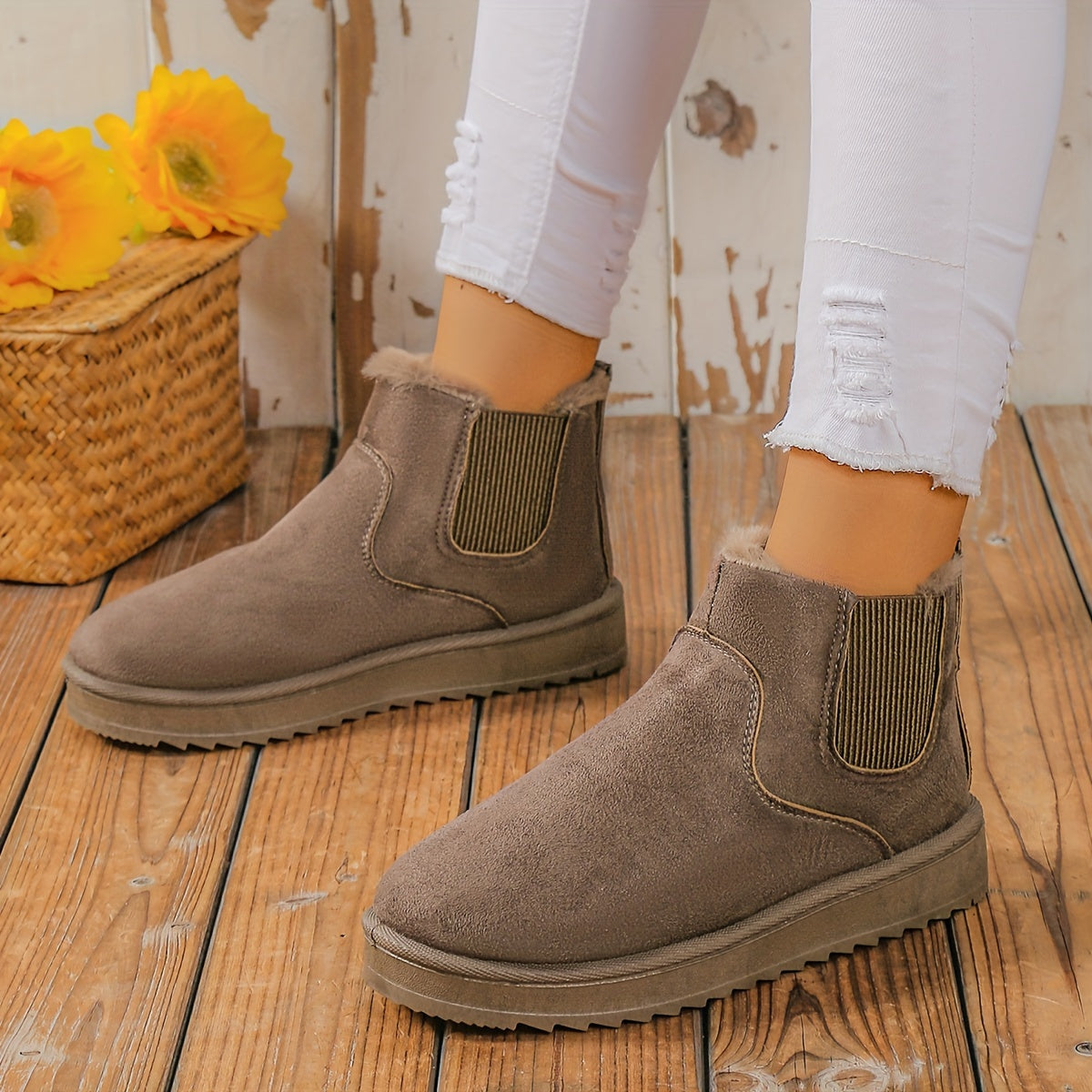 Plus Fleece Snow Slip On Flat Ankle Boots
