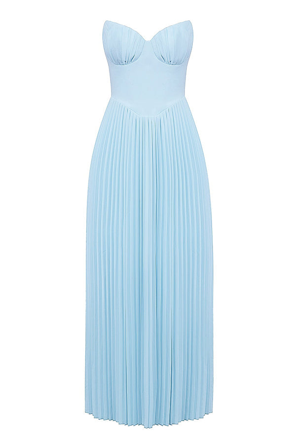 blue Pleated Strapless Maxi Dress