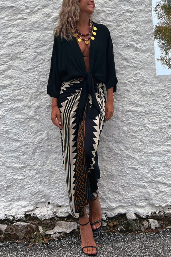Print High Waist Ruched Wrap Maxi Skirt