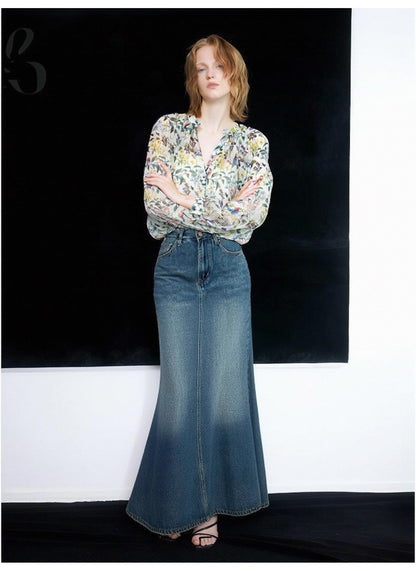 French-style chiffon floral print blouse with drape