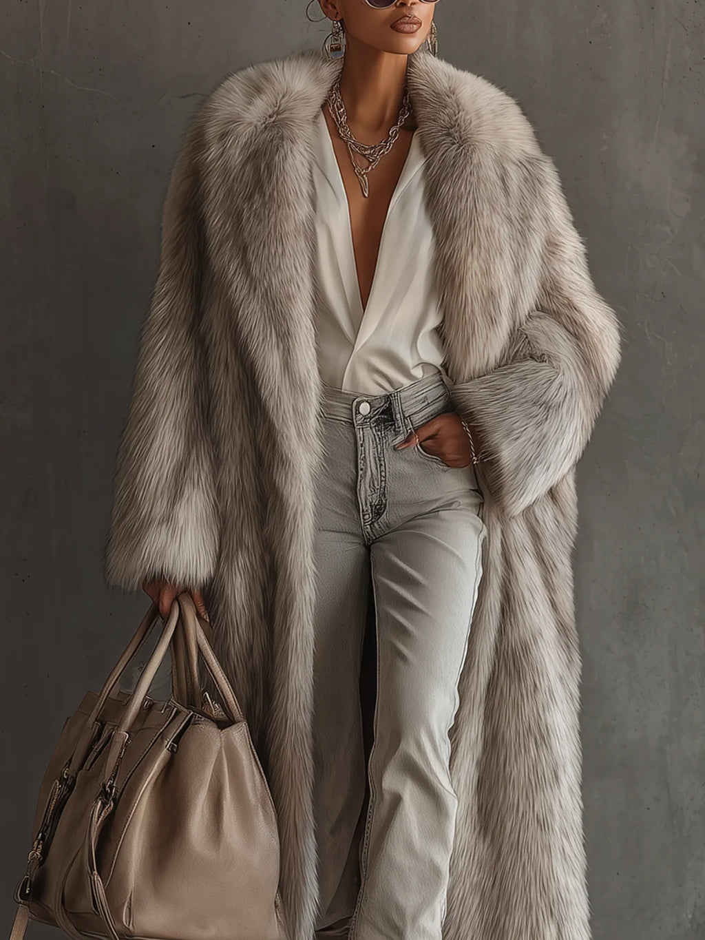 Gray Gradient Faux Fox Fur Eco Friendly Coat