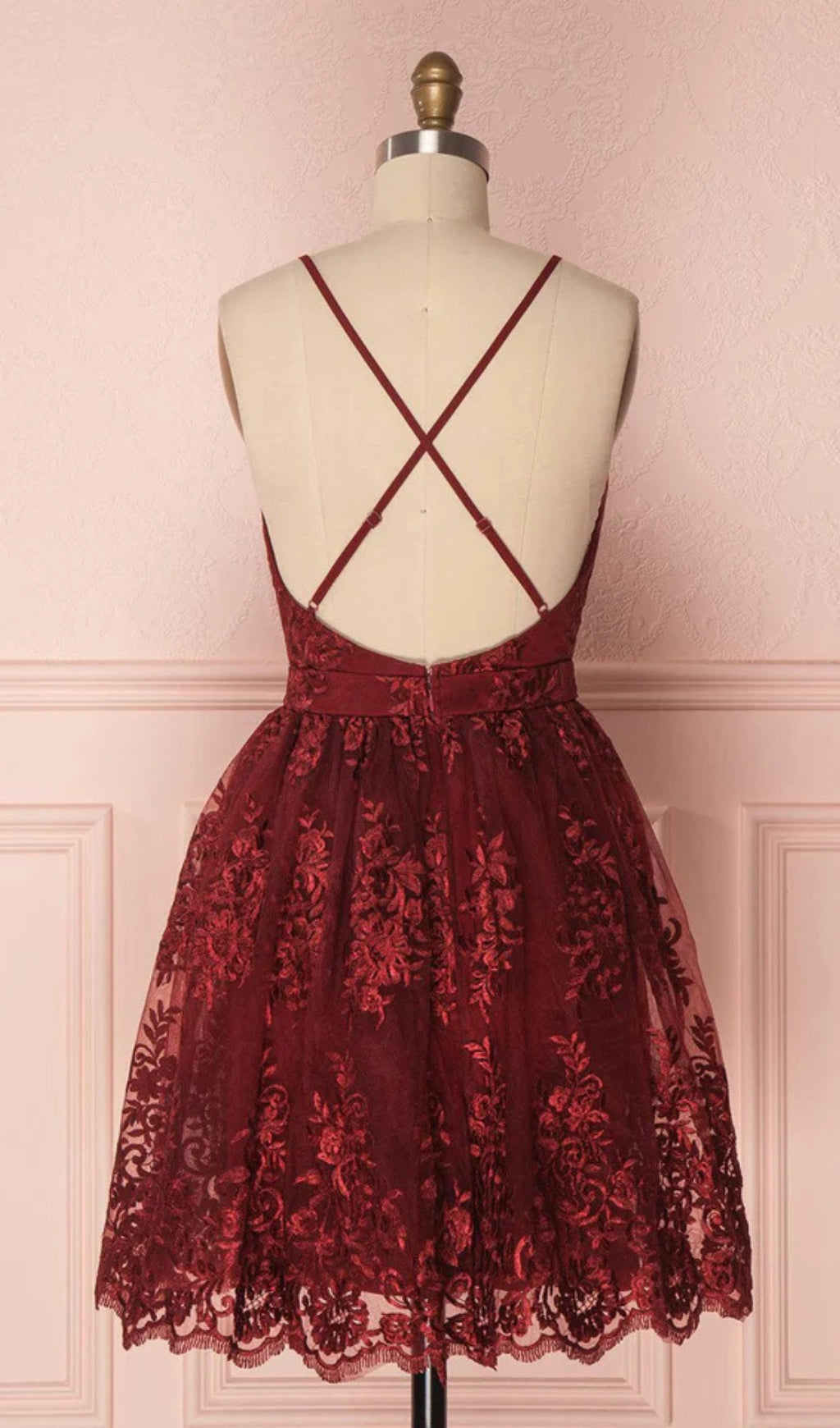 Burgundy Prom Dress - V-Neck Tulle Lace Short Party Dress