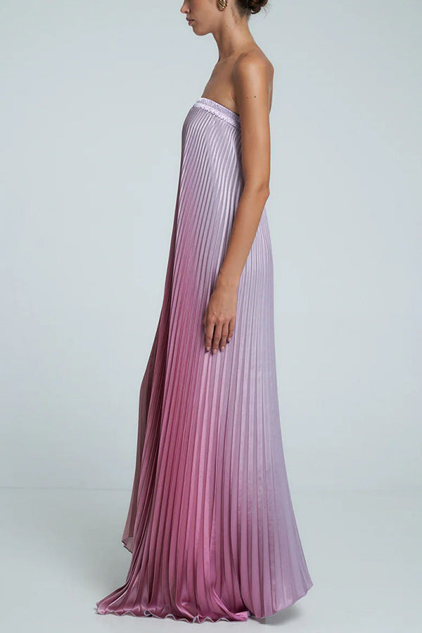 Satin Pleated Elastic Bust Strapless A-line Gown Maxi Dress