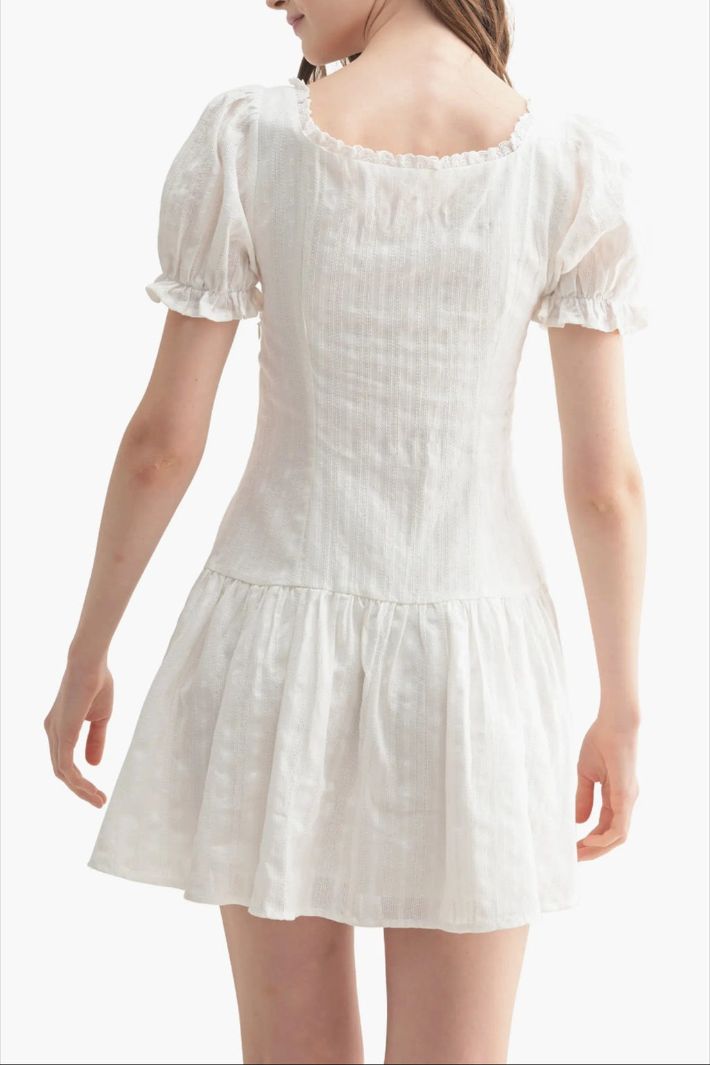 white embroidery puff sleeve waist mini dress